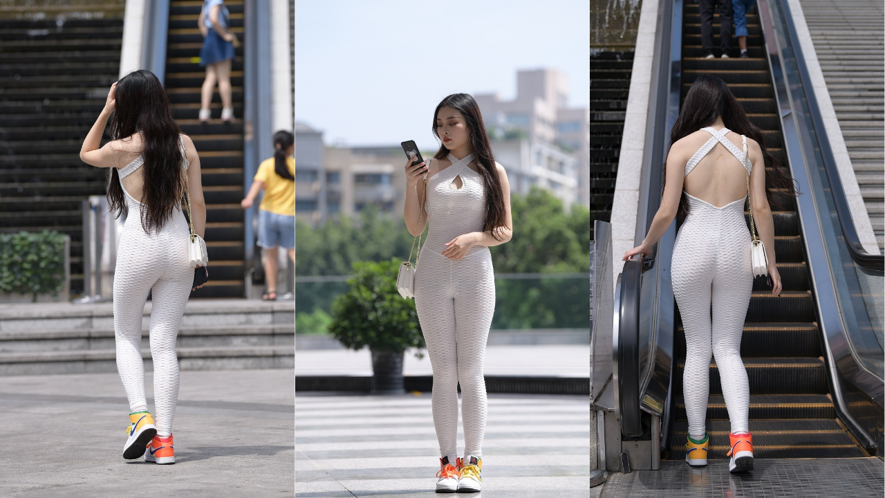 视觉冲击模拍作品 白色连体紧身裤女孩